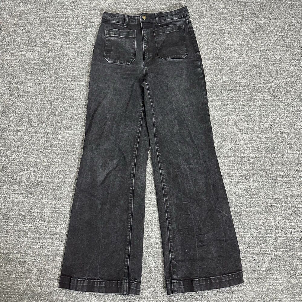 Rollas Jeans Women 29 Black Sailor High Rise Wide Leg Denim Patch Pockets Retro